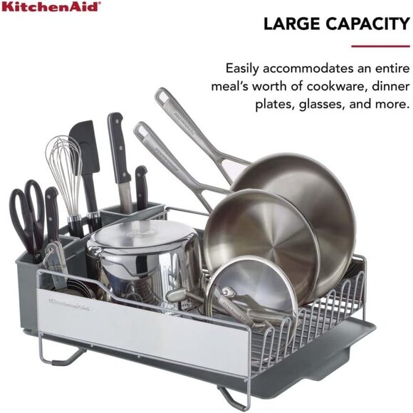New Large Capacity Rust-Resistant Dish Rack with Angled Drain Board, Light Grey - Picture 3 of 11